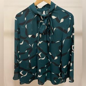 Ann Taylor Blouse Neck Tie Green Women's XL Ribbon Pattern Long Sleeve